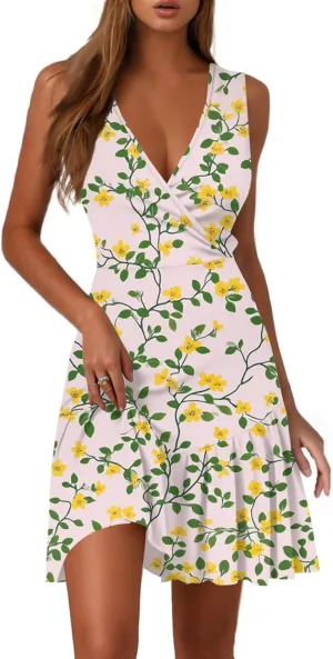 Boho V Neck Dresses for Women 2025 Summer A Line Floral Dress Short Wrap Sleeveless Party Cocktail Midi Sundress