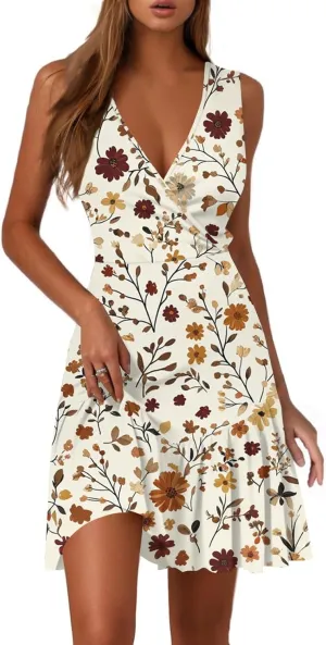 Boho V Neck Dresses for Women 2025 Summer A Line Floral Dress Short Wrap Sleeveless Party Cocktail Midi Sundress
