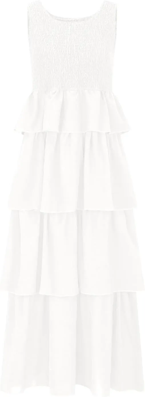 Borniu Women's Summer Casual U Neck Sleeveless Smocked High Waist Tank Midi Dress Tiered Flowy Beach Vacation Cake Dresses