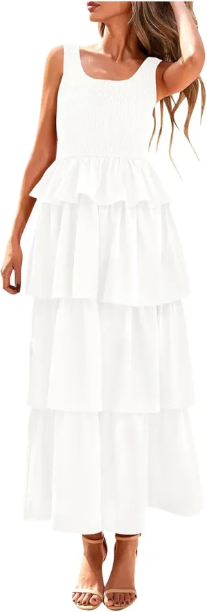 Borniu Women's Summer Casual U Neck Sleeveless Smocked High Waist Tank Midi Dress Tiered Flowy Beach Vacation Cake Dresses