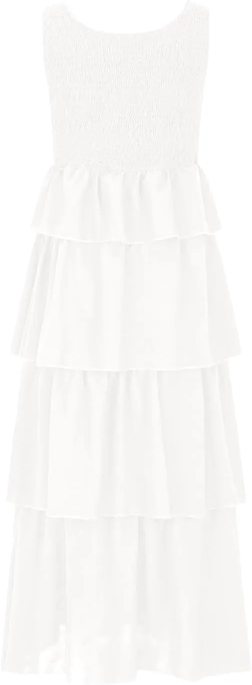 Borniu Women's Summer Casual U Neck Sleeveless Smocked High Waist Tank Midi Dress Tiered Flowy Beach Vacation Cake Dresses