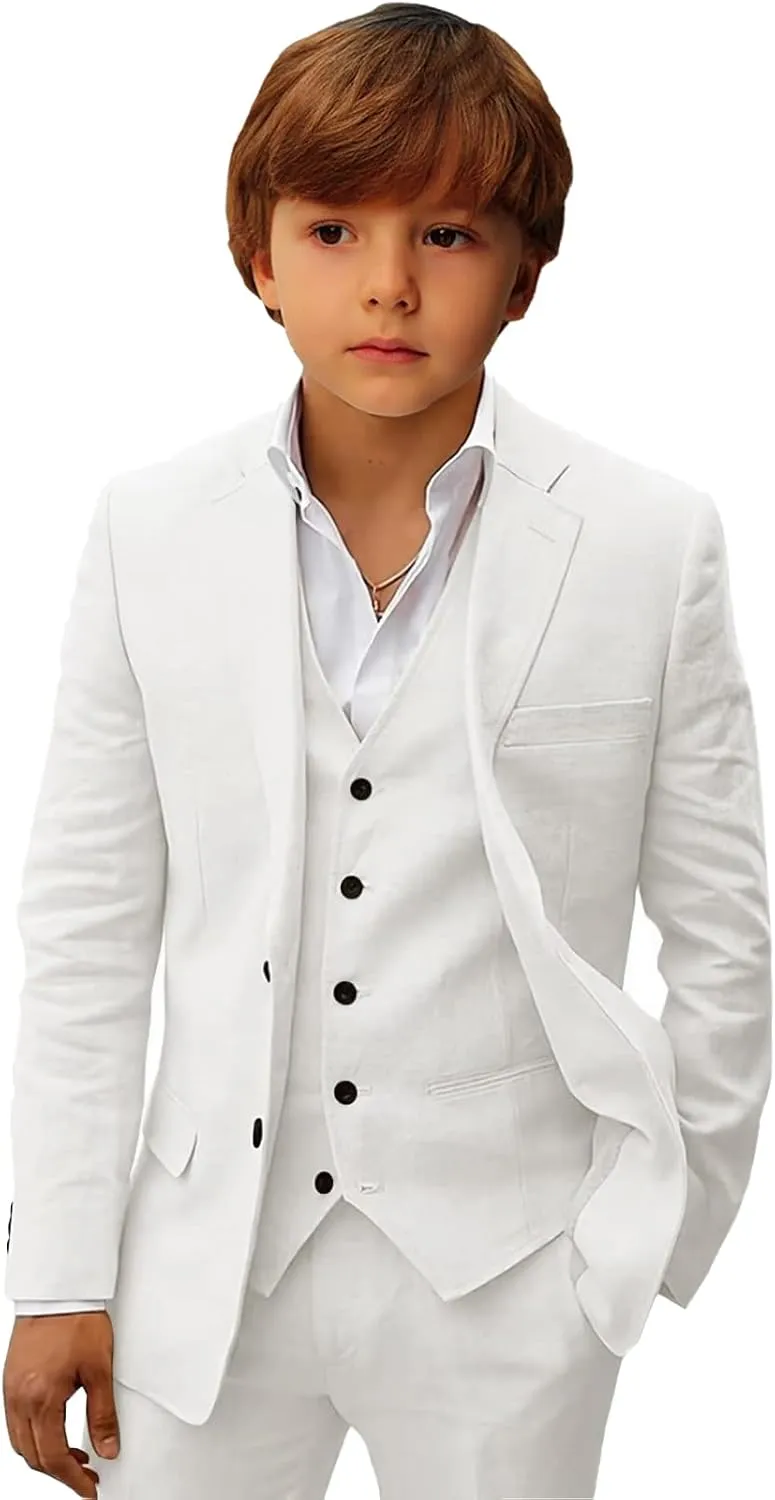 Boys Linen Suit Slim Fit Three Piece Summer Linen Suit for Boys Formal Wedding Outfit Jacket Vest Pant Set