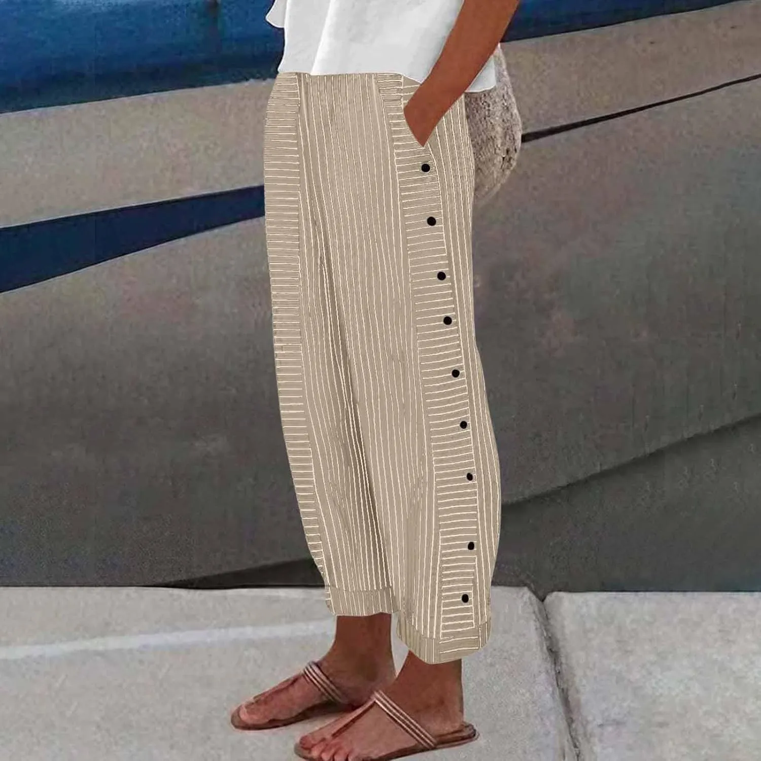 Button Striped Linen Pants Women Elastic High Waist Wide Leg Pants Summer Lightweight Beach Lounge Trousers w/Pockets