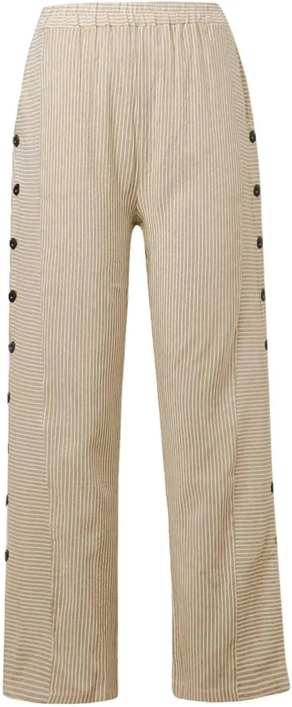 Button Striped Linen Pants Women Elastic High Waist Wide Leg Pants Summer Lightweight Beach Lounge Trousers w/Pockets