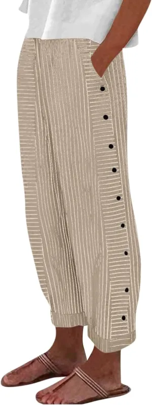 Button Striped Linen Pants Women Elastic High Waist Wide Leg Pants Summer Lightweight Beach Lounge Trousers w/Pockets