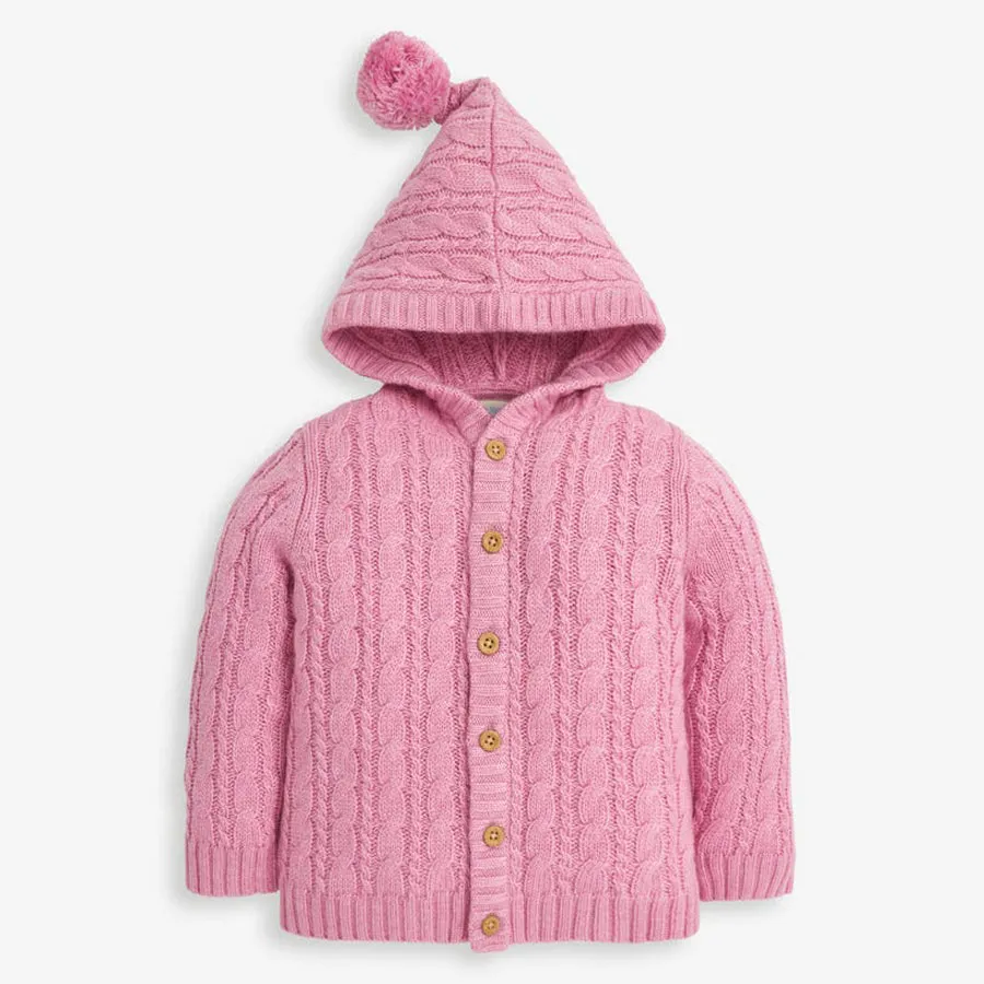 Cable Knit Hooded Cardigan - Pink