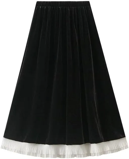 CAMDOM Elegant High Waist Velvet Skirt, Black with White Pleated Hem, A-Line Midi Skirt