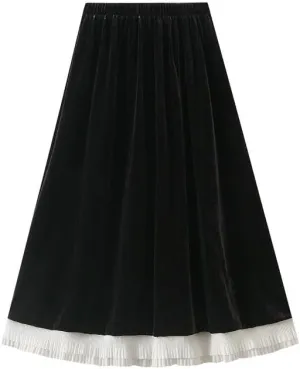 CAMDOM Elegant High Waist Velvet Skirt, Black with White Pleated Hem, A-Line Midi Skirt