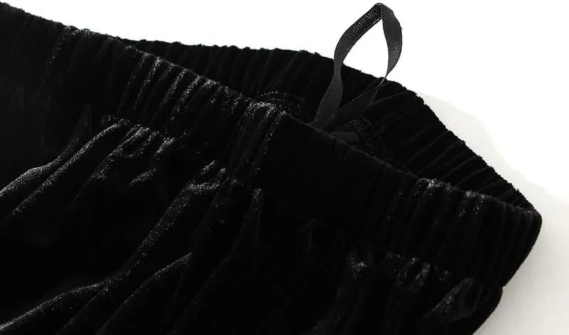 CAMDOM Elegant High Waist Velvet Skirt, Black with White Pleated Hem, A-Line Midi Skirt