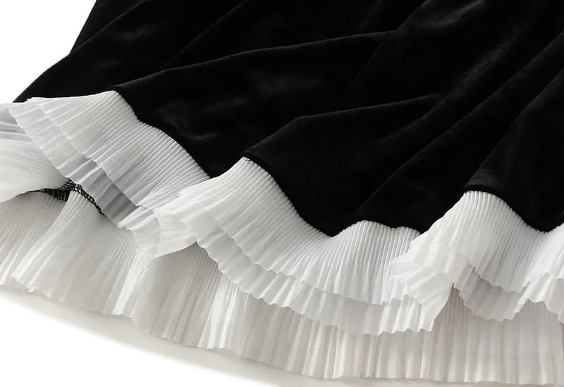 CAMDOM Elegant High Waist Velvet Skirt, Black with White Pleated Hem, A-Line Midi Skirt