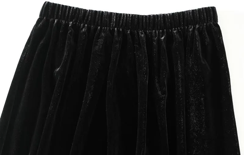 CAMDOM Elegant High Waist Velvet Skirt, Black with White Pleated Hem, A-Line Midi Skirt