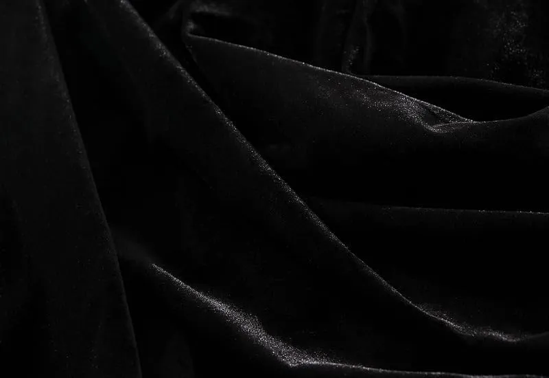 CAMDOM Elegant High Waist Velvet Skirt, Black with White Pleated Hem, A-Line Midi Skirt