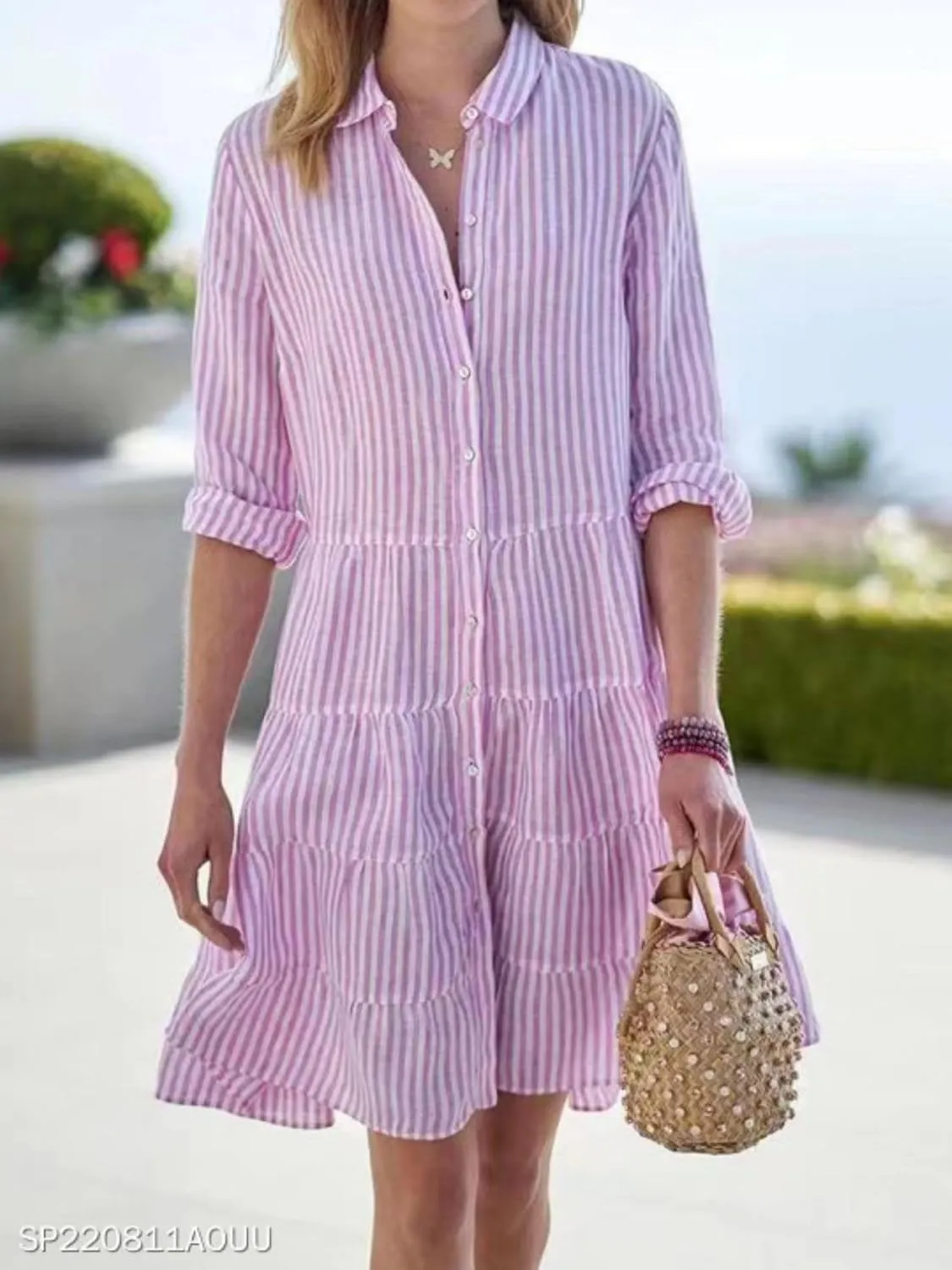 Canbebig Women Striped Shirt Dress Roll Up Sleeve Button Down Long Sleeve Casual Loose Dresses High Waist A Line Swing Dress