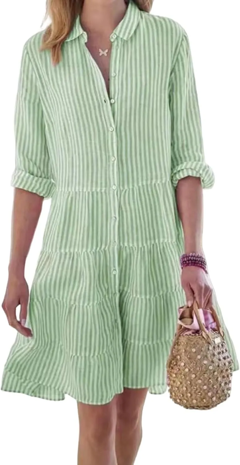 Canbebig Women Striped Shirt Dress Roll Up Sleeve Button Down Long Sleeve Casual Loose Dresses High Waist A Line Swing Dress