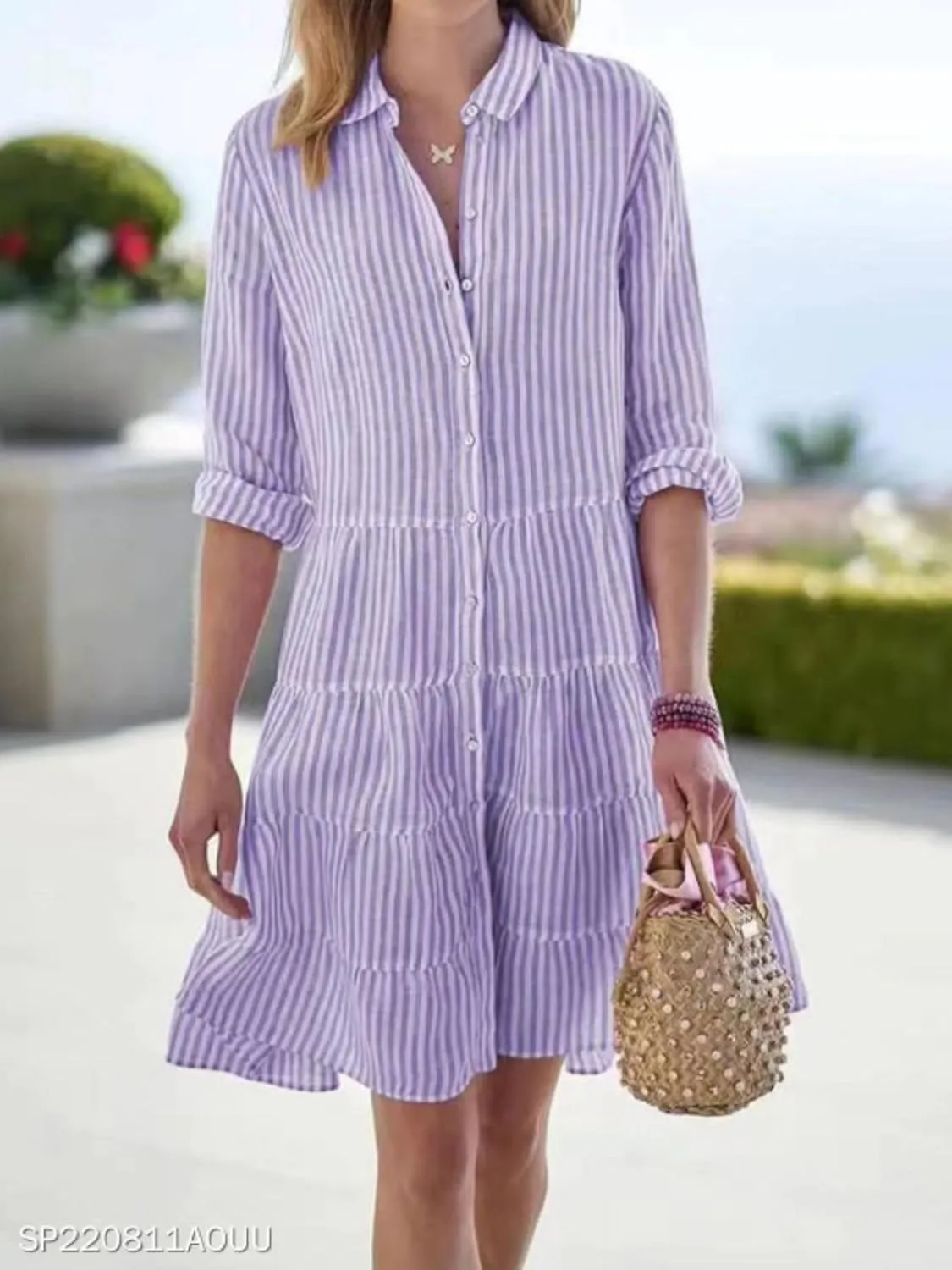 Canbebig Women Striped Shirt Dress Roll Up Sleeve Button Down Long Sleeve Casual Loose Dresses High Waist A Line Swing Dress