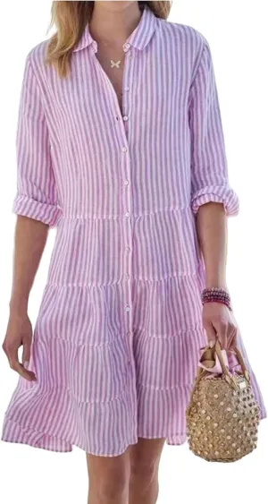 Canbebig Women Striped Shirt Dress Roll Up Sleeve Button Down Long Sleeve Casual Loose Dresses High Waist A Line Swing Dress