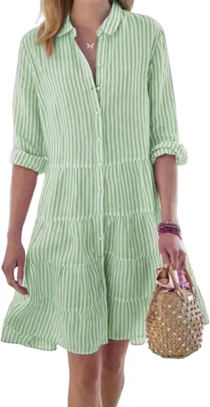 Canbebig Women Striped Shirt Dress Roll Up Sleeve Button Down Long Sleeve Casual Loose Dresses High Waist A Line Swing Dress