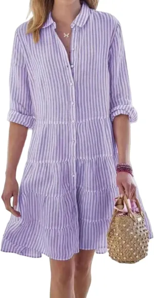 Canbebig Women Striped Shirt Dress Roll Up Sleeve Button Down Long Sleeve Casual Loose Dresses High Waist A Line Swing Dress