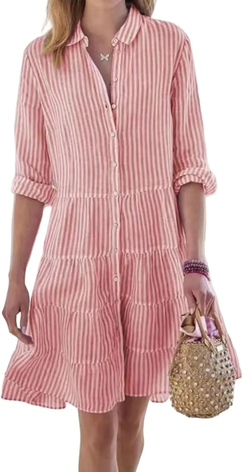 Canbebig Women Striped Shirt Dress Roll Up Sleeve Button Down Long Sleeve Casual Loose Dresses High Waist A Line Swing Dress