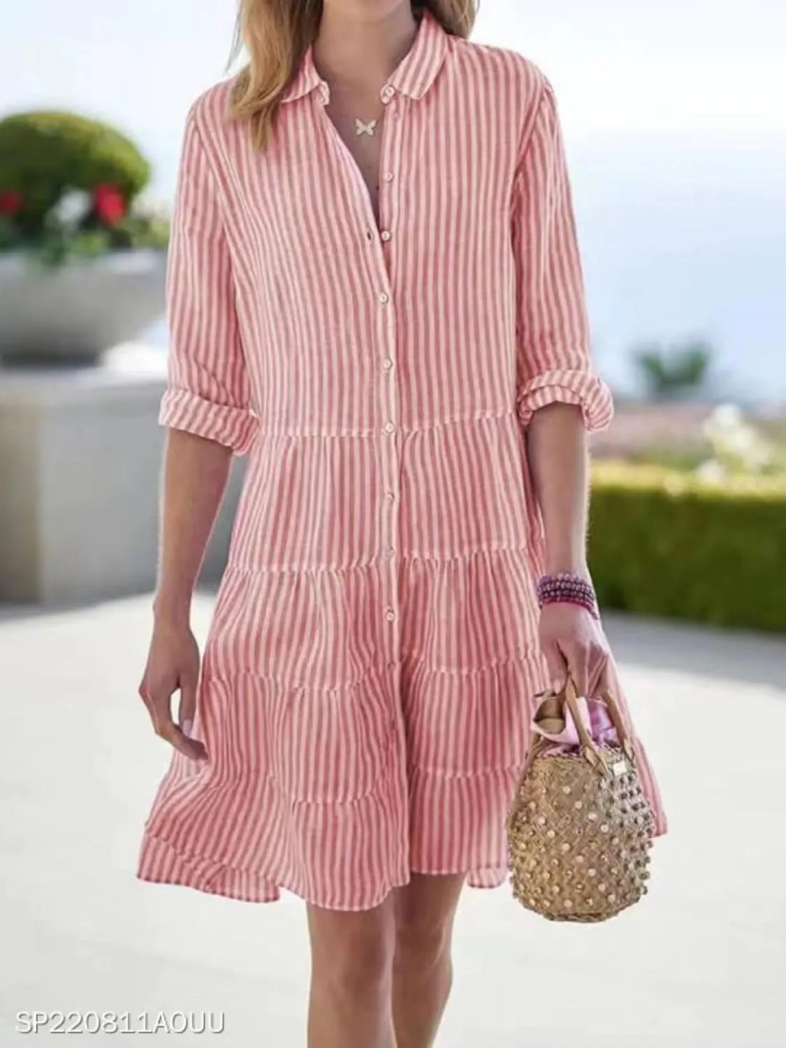 Canbebig Women Striped Shirt Dress Roll Up Sleeve Button Down Long Sleeve Casual Loose Dresses High Waist A Line Swing Dress