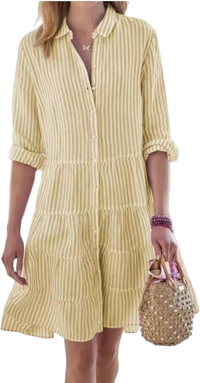 Canbebig Women Striped Shirt Dress Roll Up Sleeve Button Down Long Sleeve Casual Loose Dresses High Waist A Line Swing Dress
