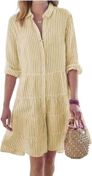 Canbebig Women Striped Shirt Dress Roll Up Sleeve Button Down Long Sleeve Casual Loose Dresses High Waist A Line Swing Dress