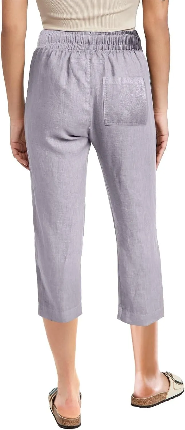 Capri Linen Pants Women Summer Casual 2025 Travel Drawstring Elastic High Waist Straight Wide Leg Cropped Trousers