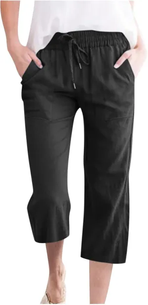 Capri Pants for Women 2025 Summer Casual Cotton Linen Capris Baggy Drawstring Elastic Waist Straight Leg Cropped Trousers