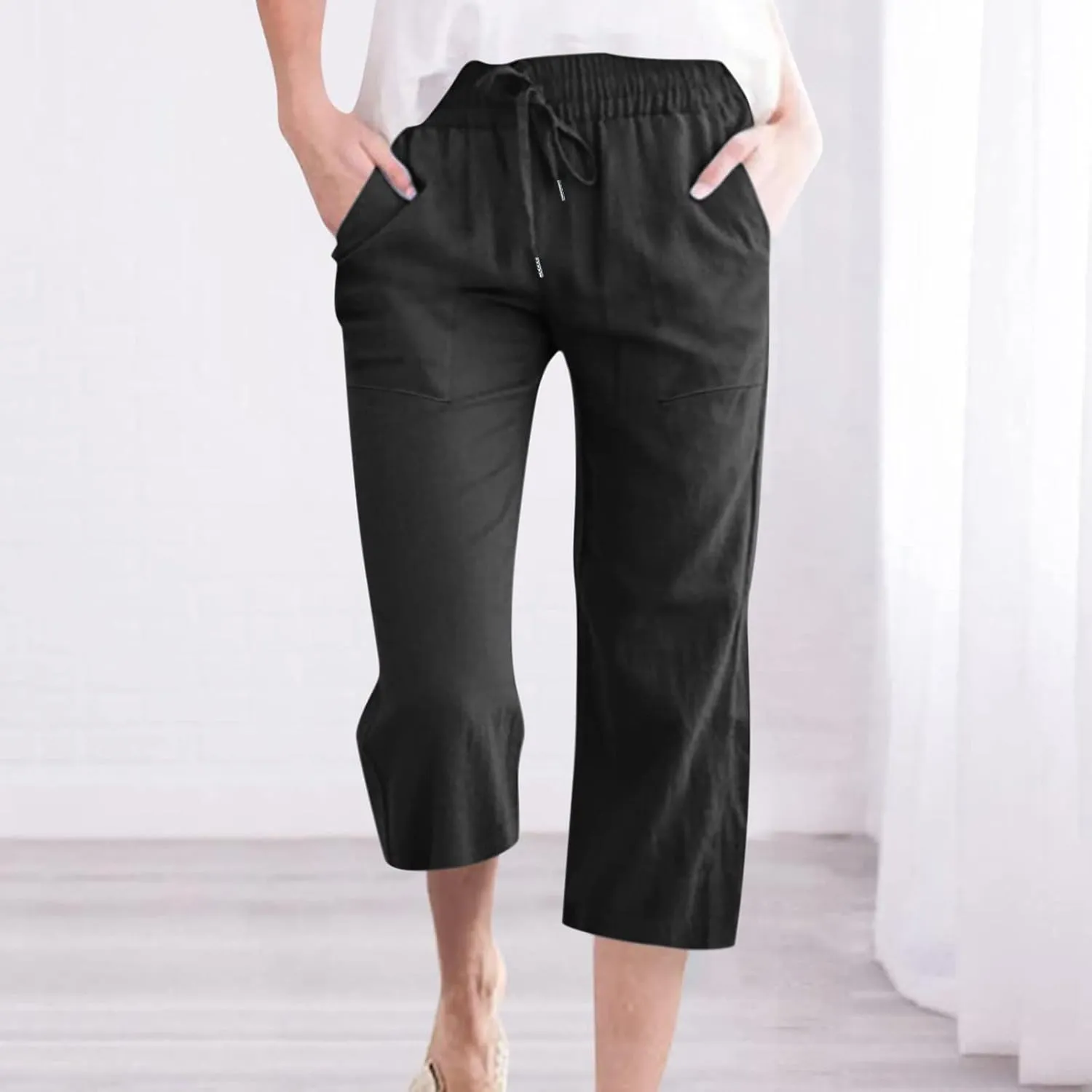Capri Pants for Women 2025 Summer Casual Cotton Linen Capris Baggy Drawstring Elastic Waist Straight Leg Cropped Trousers