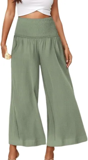 Capri Pants for Women 2025 Summer Casual High Waisted Flowy Wide Leg Pant Loose Fit Smocked Cropped Lounge Trousers