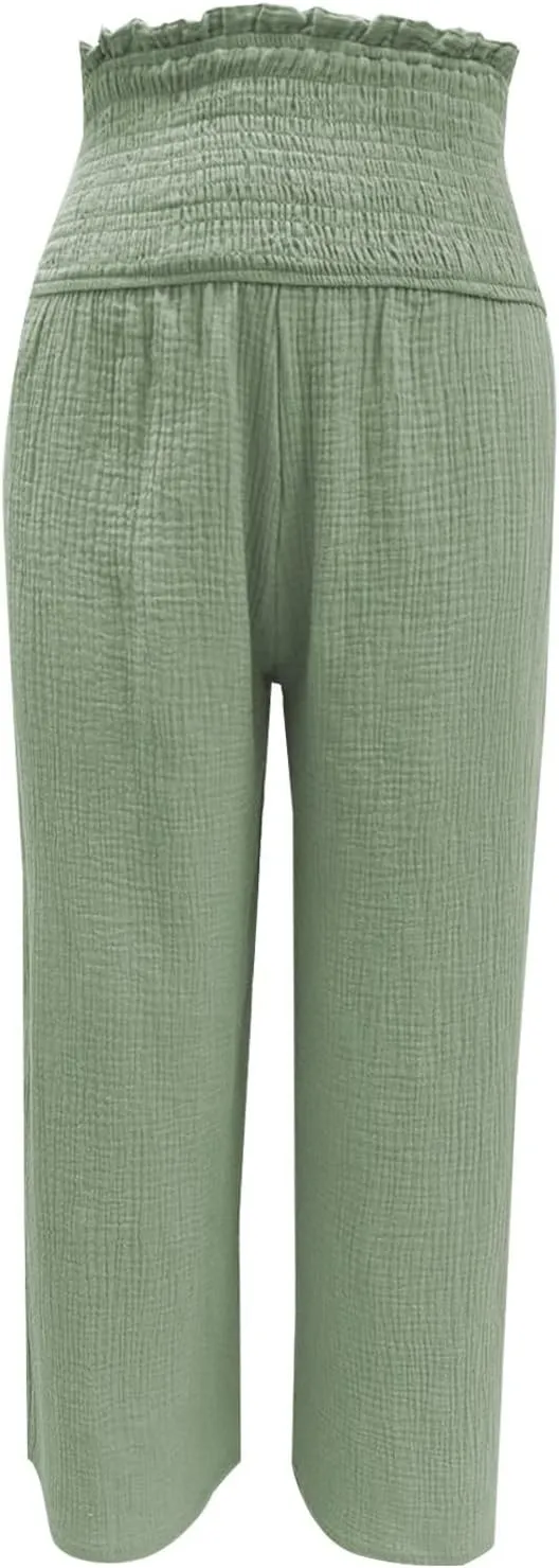 Capri Pants for Women 2025 Summer Casual High Waisted Flowy Wide Leg Pant Loose Fit Smocked Cropped Lounge Trousers