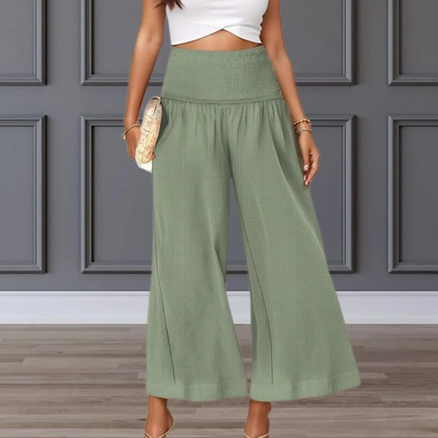 Capri Pants for Women 2025 Summer Casual High Waisted Flowy Wide Leg Pant Loose Fit Smocked Cropped Lounge Trousers
