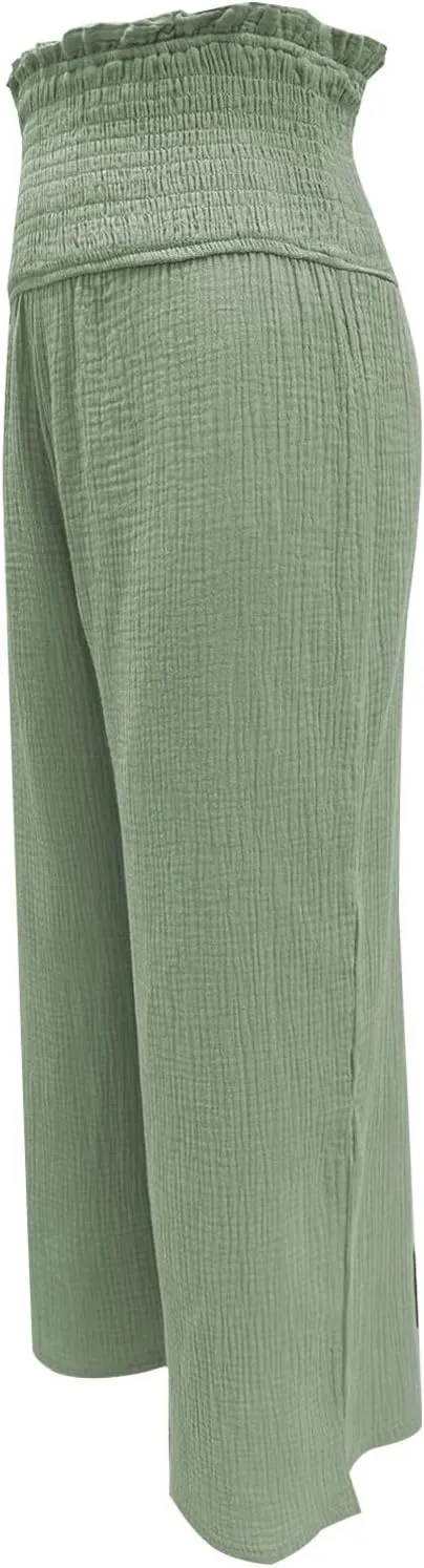 Capri Pants for Women 2025 Summer Casual High Waisted Flowy Wide Leg Pant Loose Fit Smocked Cropped Lounge Trousers