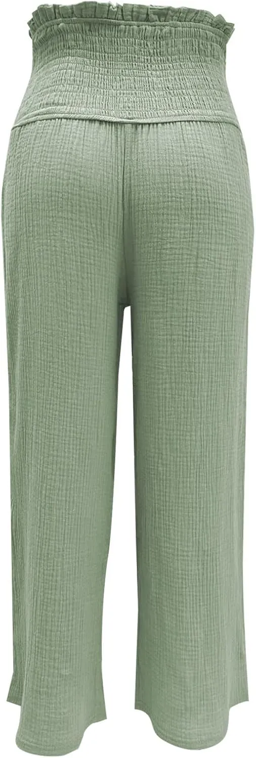 Capri Pants for Women 2025 Summer Casual High Waisted Flowy Wide Leg Pant Loose Fit Smocked Cropped Lounge Trousers