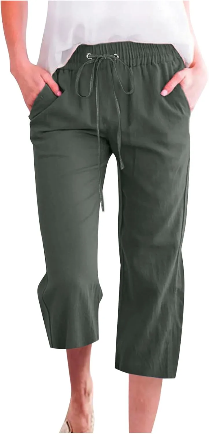 Capri Pants for Women Casual 2024 Summer Drawstring Elastic High Waist Linen Pant Straight Wide Leg Cropped Trouser