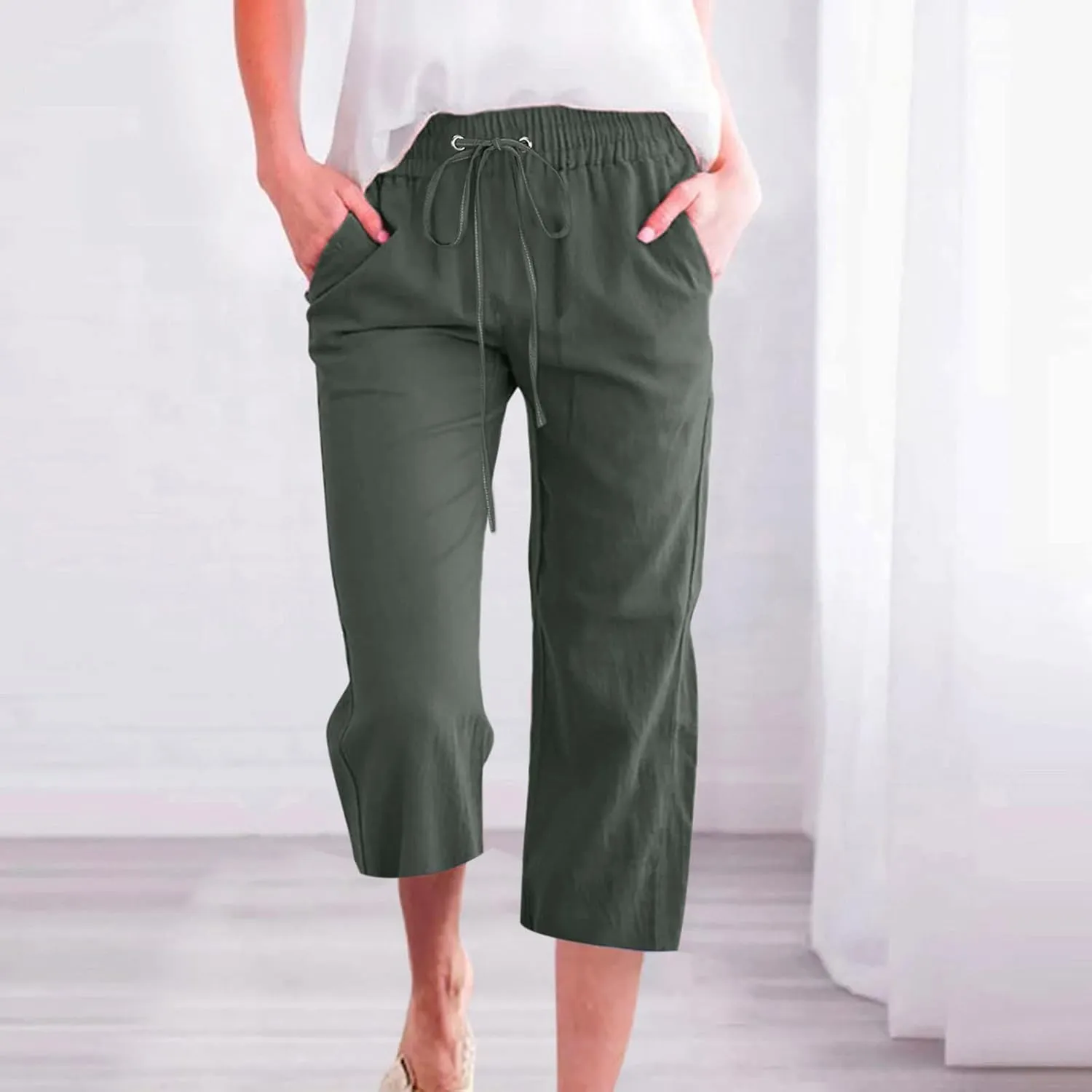Capri Pants for Women Casual 2024 Summer Drawstring Elastic High Waist Linen Pant Straight Wide Leg Cropped Trouser