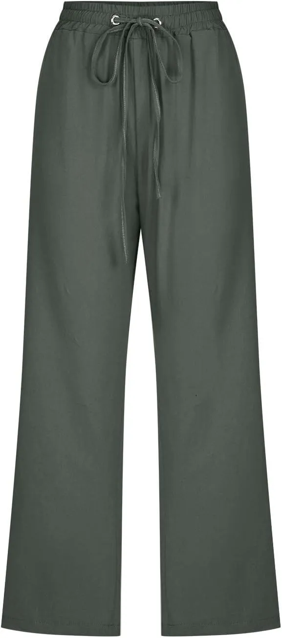 Capri Pants for Women Casual 2024 Summer Drawstring Elastic High Waist Linen Pant Straight Wide Leg Cropped Trouser
