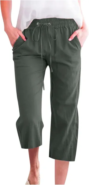 Capri Pants for Women Casual 2024 Summer Drawstring Elastic High Waist Linen Pant Straight Wide Leg Cropped Trouser
