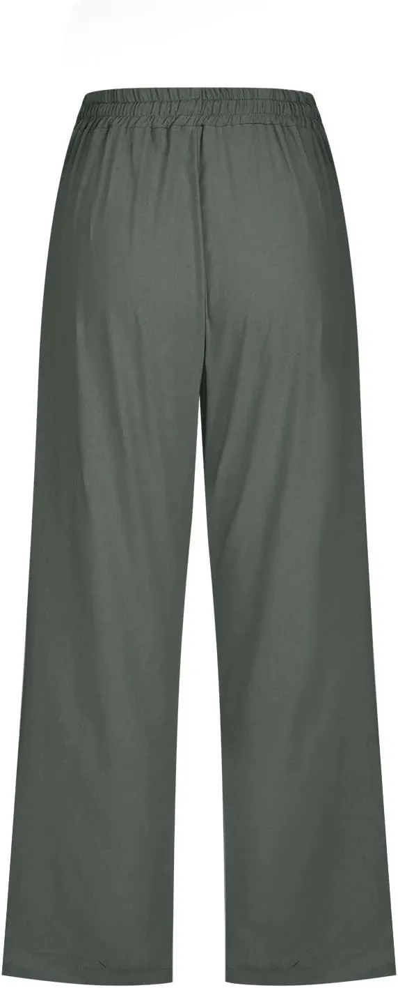 Capri Pants for Women Casual 2024 Summer Drawstring Elastic High Waist Linen Pant Straight Wide Leg Cropped Trouser