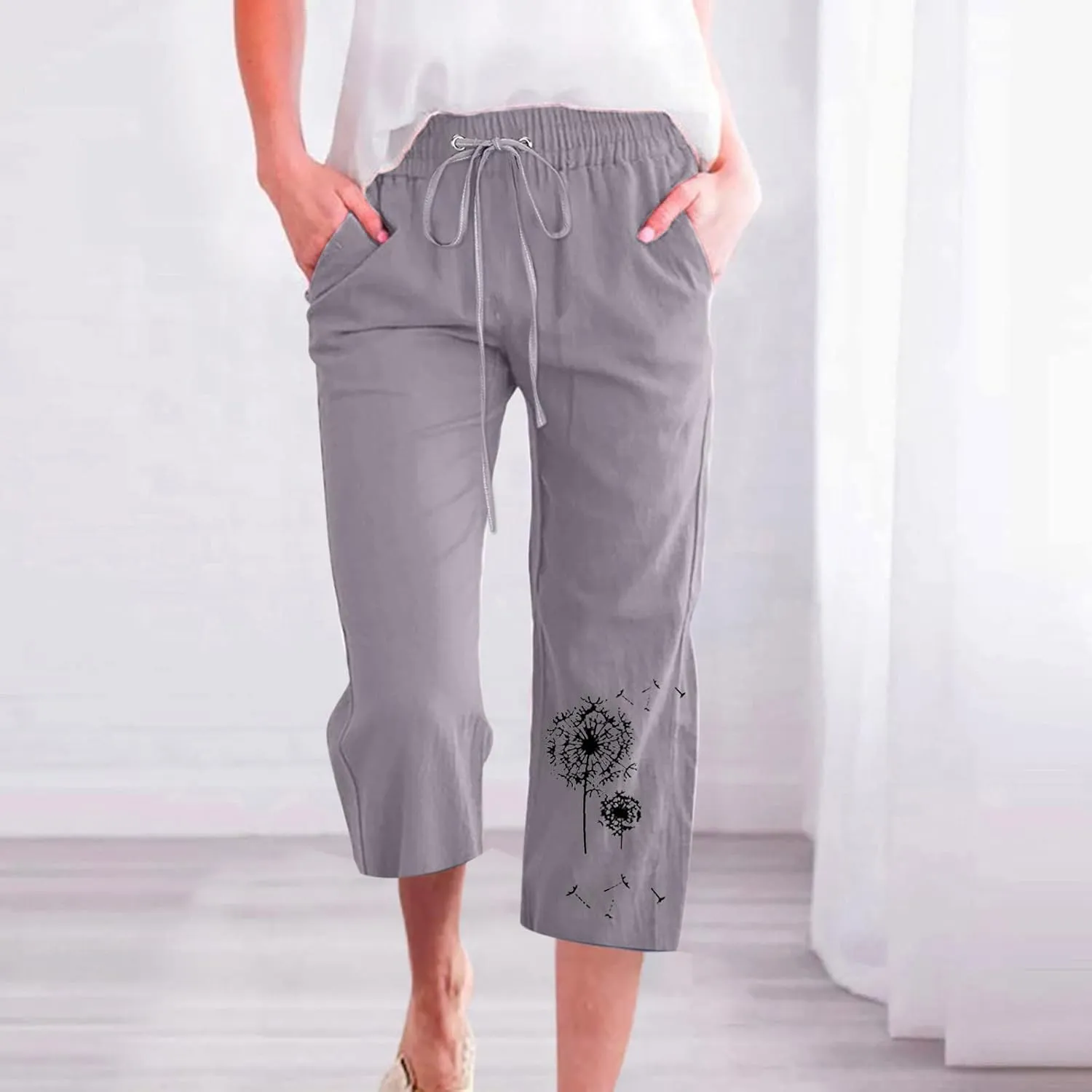 Capri Pants for Women Casual 2024 Summer High Waist Drawstring Linen Pant Loose Lightweight Crop Trousers with Pocket