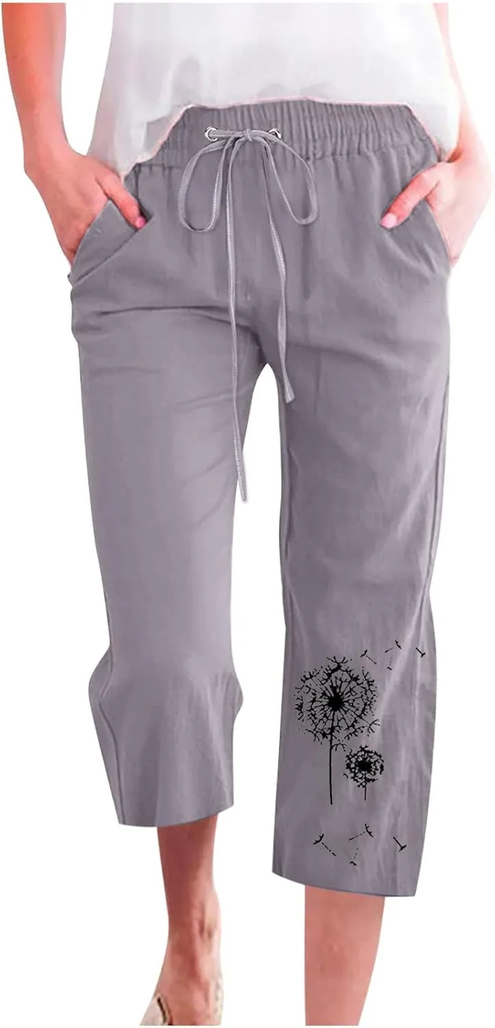 Capri Pants for Women Casual 2024 Summer High Waist Drawstring Linen Pant Loose Lightweight Crop Trousers with Pocket
