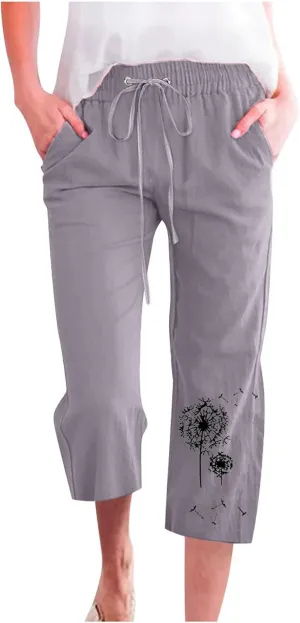 Capri Pants for Women Casual 2024 Summer High Waist Drawstring Linen Pant Loose Lightweight Crop Trousers with Pocket