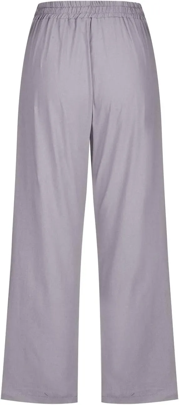 Capri Pants for Women Casual 2024 Summer High Waist Drawstring Linen Pant Loose Lightweight Crop Trousers with Pocket