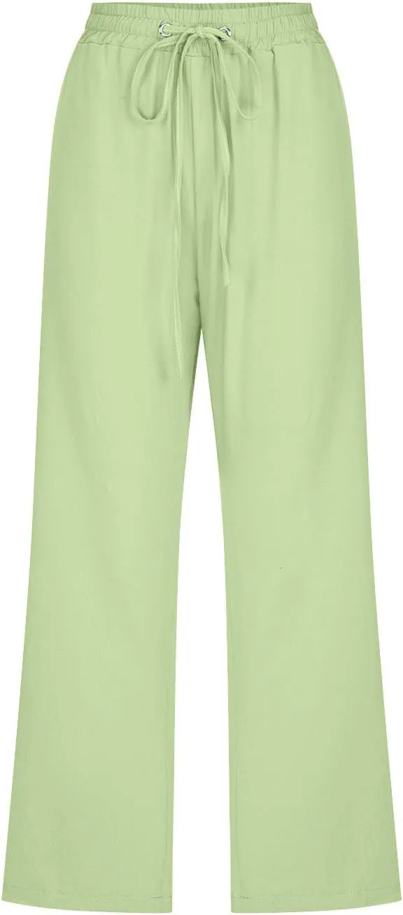 Capri Pants for Women Casual Linen Pants Summer Elastic High Waist Capris Loose Fit Straight Wide Leg Cropped Trouser