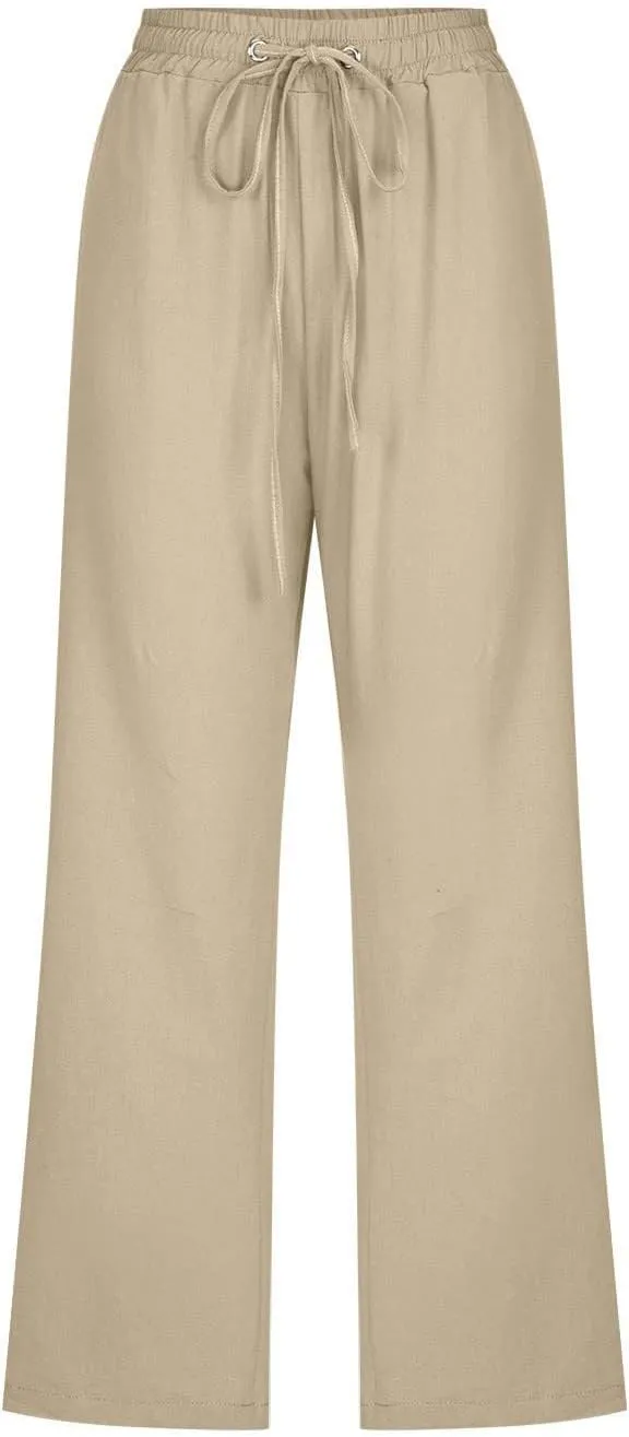 Capri Pants for Women Linen Casual Summer Drawstring Elastic High Waist Straight Wide Leg Cropped Trouser with Pocket