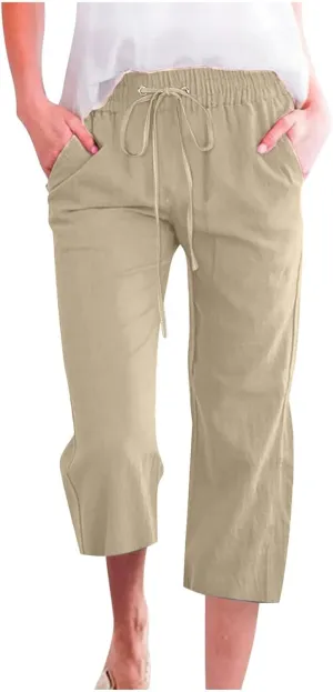 Capri Pants for Women Linen Casual Summer Drawstring Elastic High Waist Straight Wide Leg Cropped Trouser with Pocket