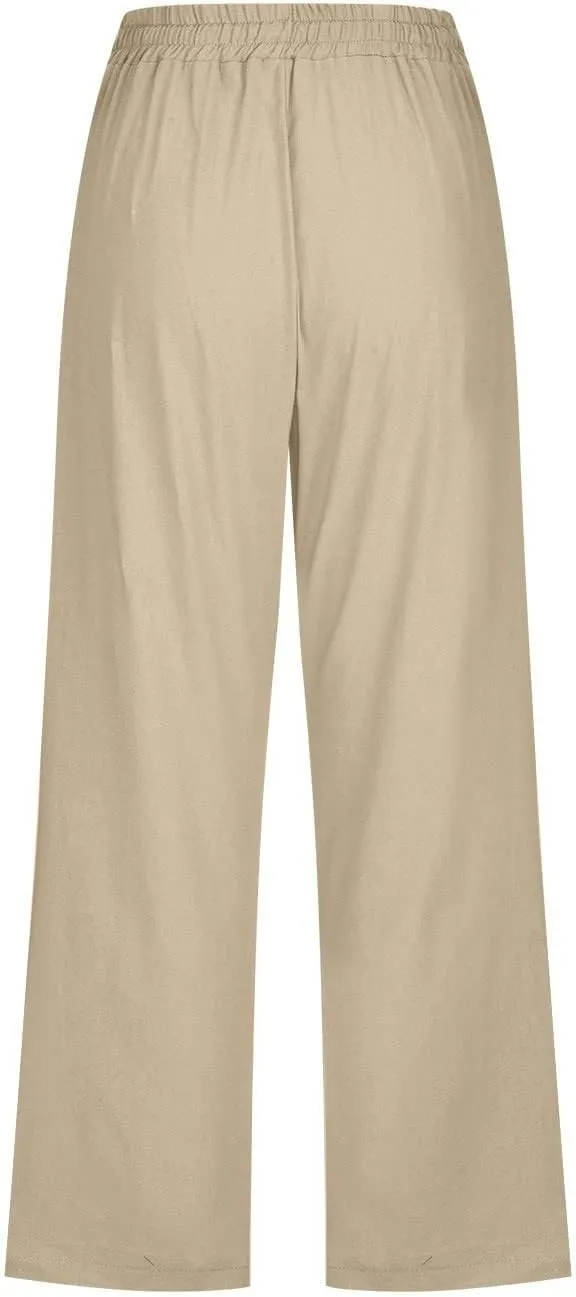 Capri Pants for Women Linen Casual Summer Drawstring Elastic High Waist Straight Wide Leg Cropped Trouser with Pocket