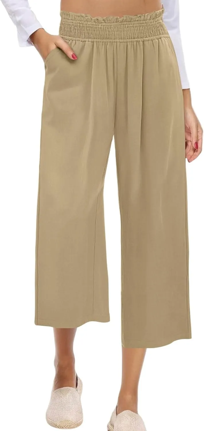 Capri Pants for Women Summer Linen Elastic Waisted Cropped Pants Straight Flowy Wide Leg Trousers with Pockets