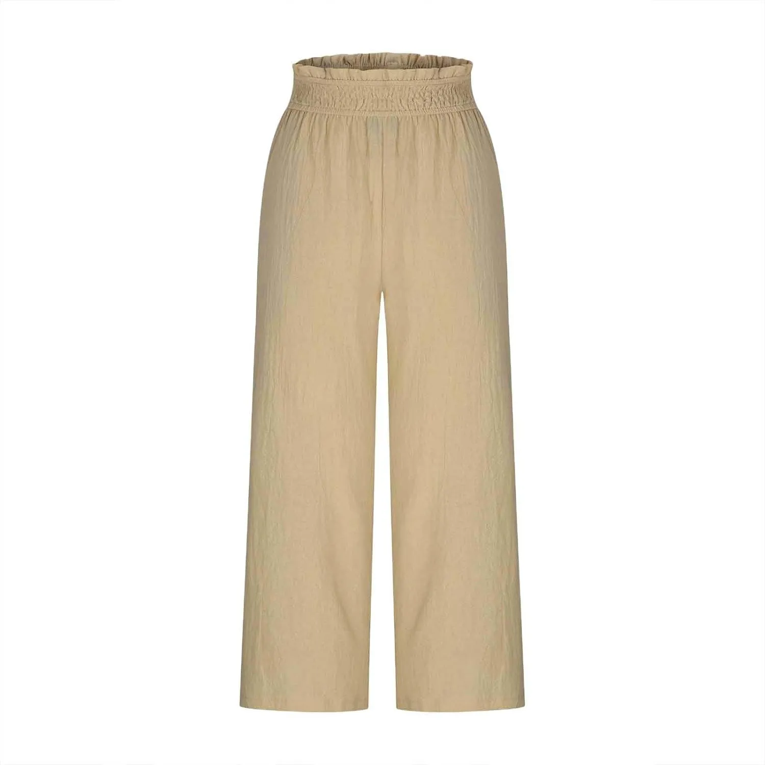 Capri Pants for Women Summer Linen Elastic Waisted Cropped Pants Straight Flowy Wide Leg Trousers with Pockets