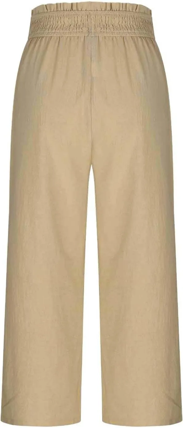 Capri Pants for Women Summer Linen Elastic Waisted Cropped Pants Straight Flowy Wide Leg Trousers with Pockets